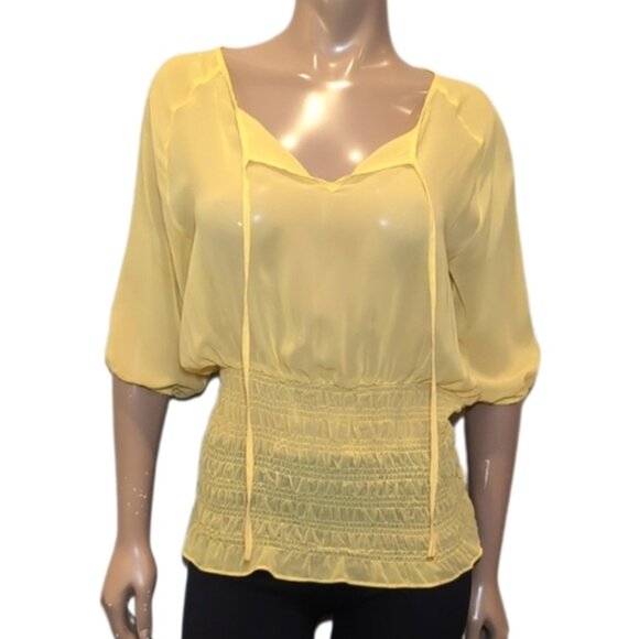 3/$20 BEDO FEMME Sheer Peasant Blouse Tie Neck Smocked Bubble Sleeve Boho Yellow - Picture 1 of 13